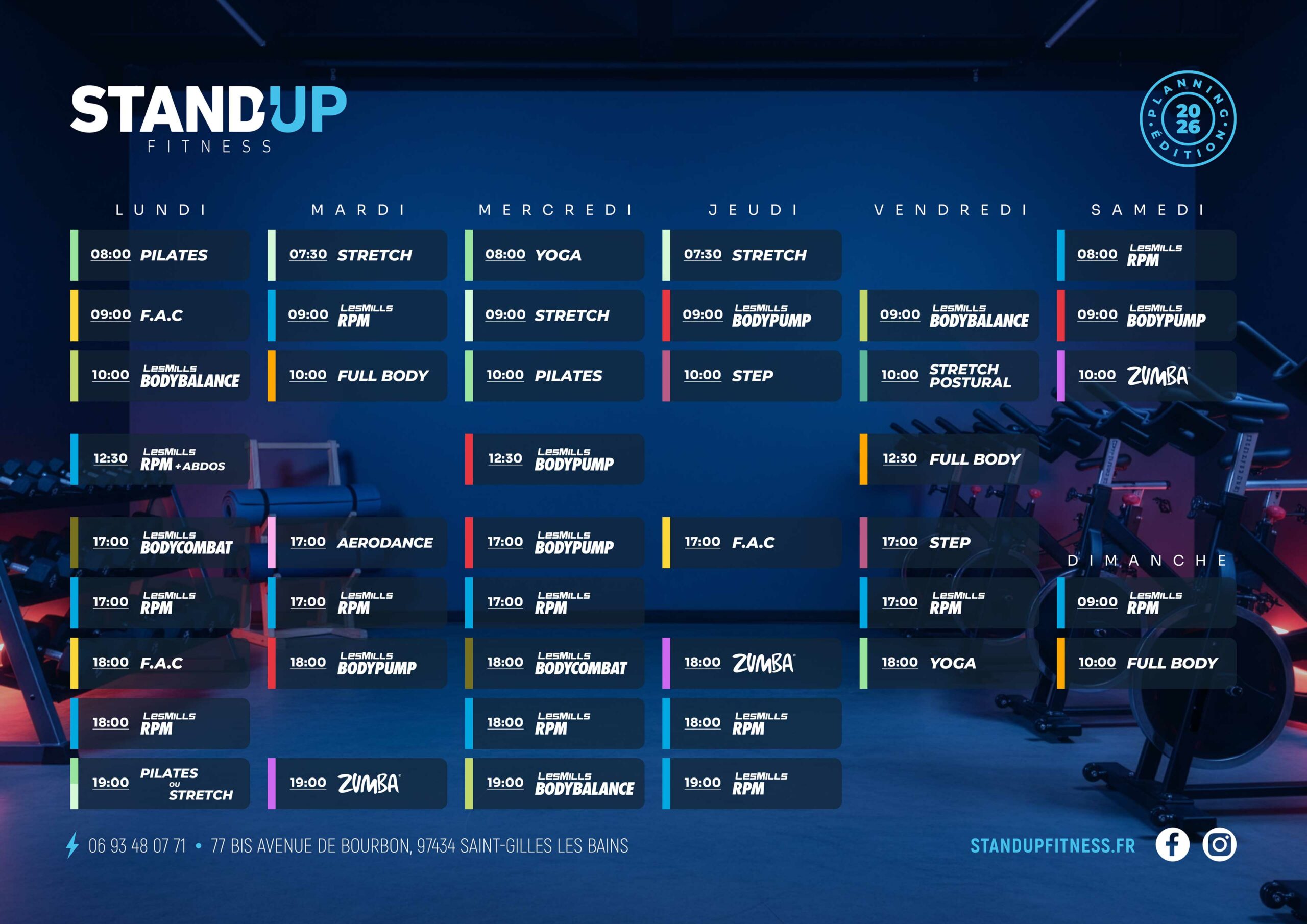 Le planning Standup Fitness 2026. Retrouvez vos cours tels que FAC, Body pump, body balance, full body, stretch, pilates, zumba, rpm... Les cours sont disponibles chaque semaine avec des cours variés chaque jour.